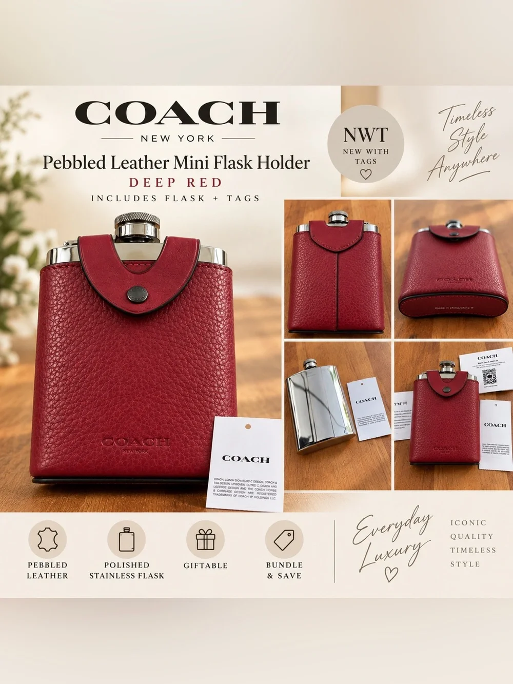 ❤️ RARE DISCONTINUED COACH Pebbled Leather Mini Flask Holder • Deep Red • NWT